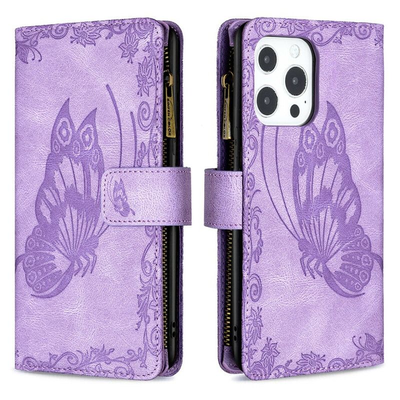 Housse iPhone 13 Pro Max Papillon Baroque Poche Zippée