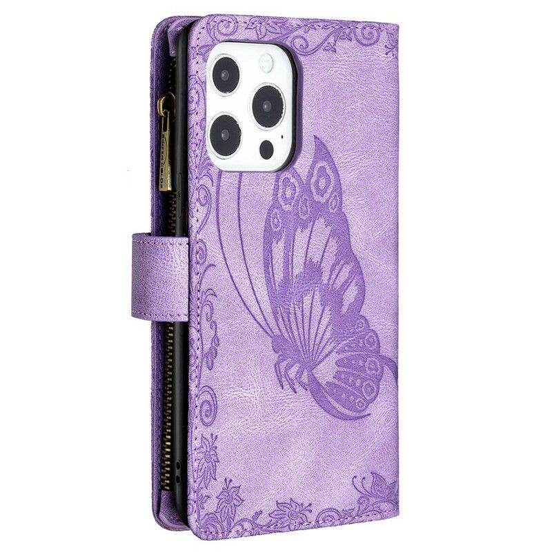 Housse iPhone 13 Pro Max Papillon Baroque Poche Zippée