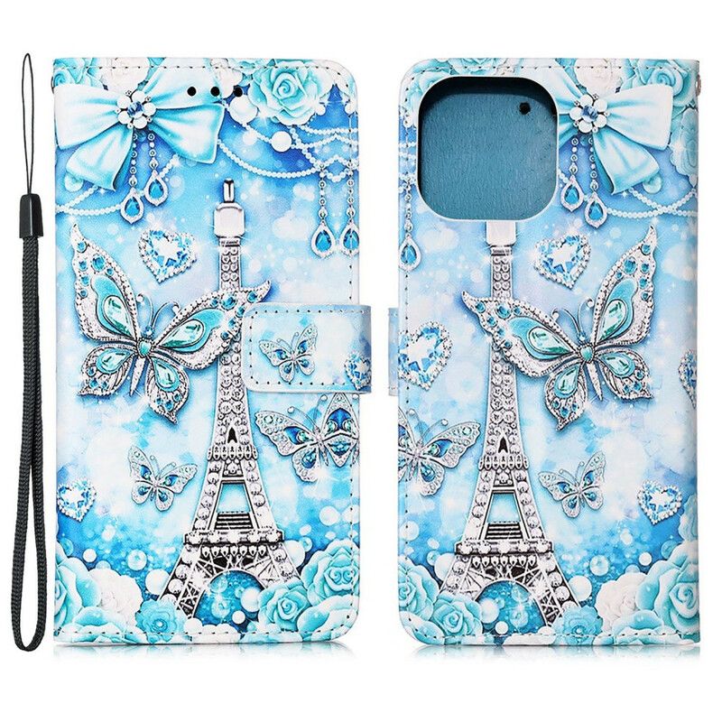 Housse iPhone 13 Pro Max Tour Eiffel Papillons À Lanière