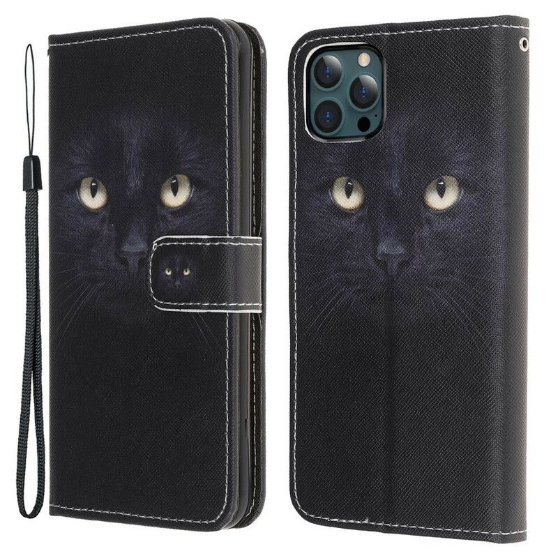 Housse iPhone 13 Pro Max Yeux De Chat Noir À Lanière