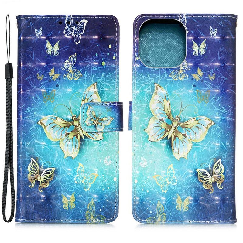 Housse iPhone 13 Pro Papillons Dorés Lanière