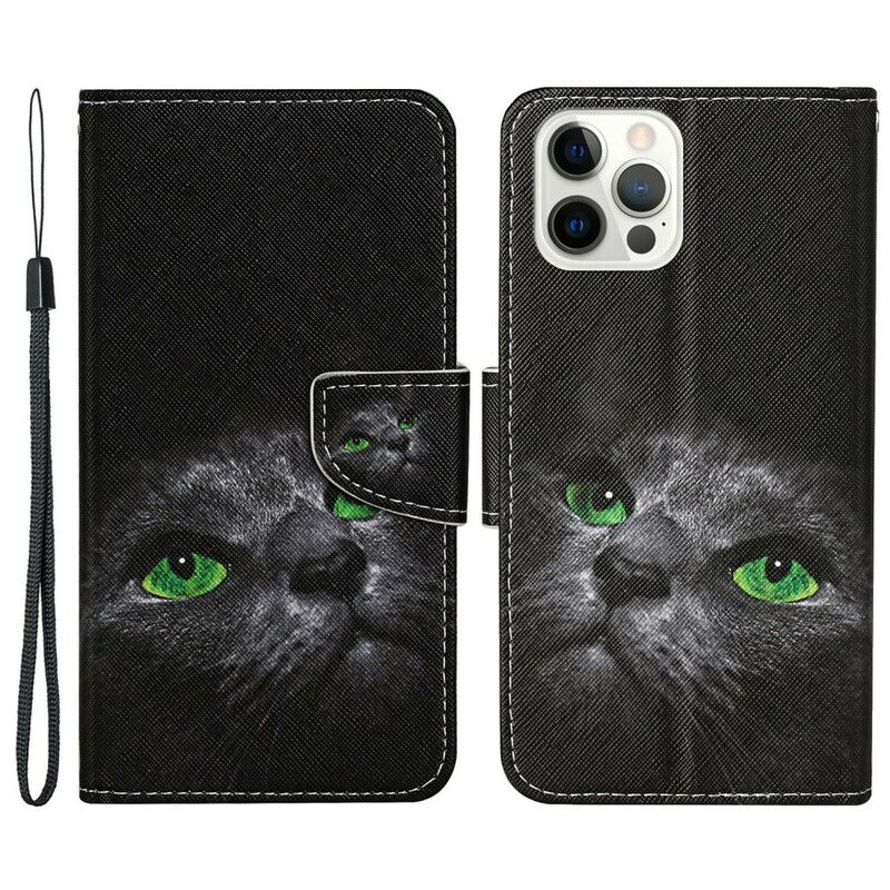 Housse iPhone 13 Pro Yeux De Chat Verts Avec Lanière