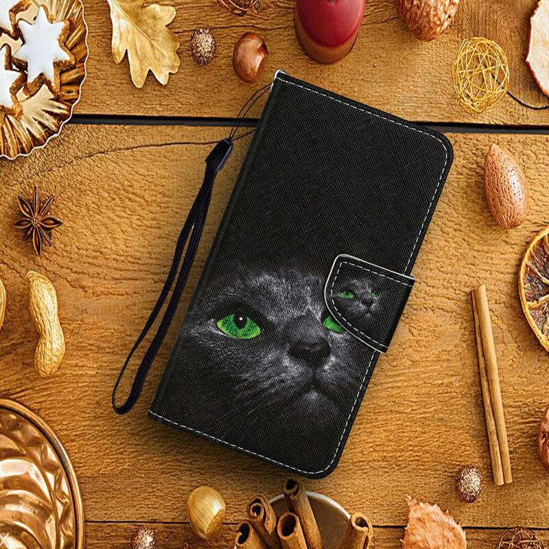 Housse iPhone 13 Pro Yeux De Chat Verts Avec Lanière