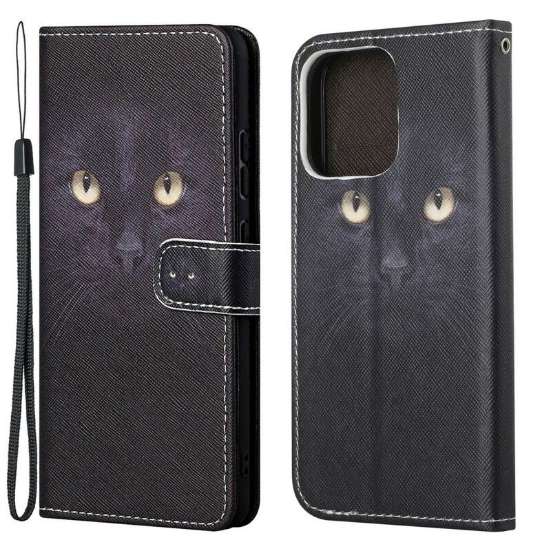 Housse iPhone 13 Yeux De Chat Noir À Lanière