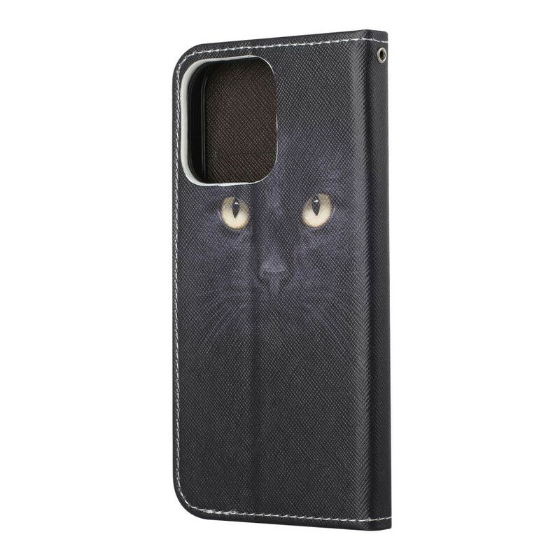 Housse iPhone 13 Yeux De Chat Noir À Lanière