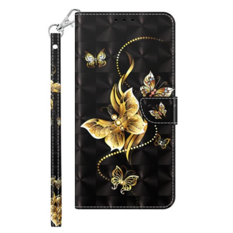Housse iPhone 14 Pro Papillons Dorés à Lanière