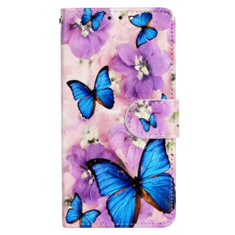 Housse iPhone 15 Plus Petits Papillons Bleus à Lanière