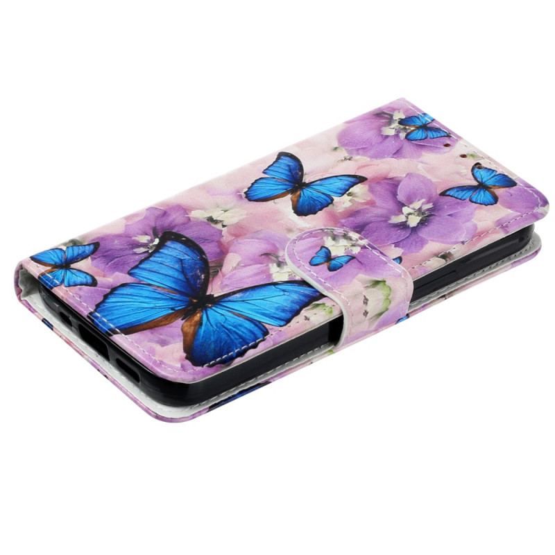 Housse iPhone 15 Plus Petits Papillons Bleus à Lanière