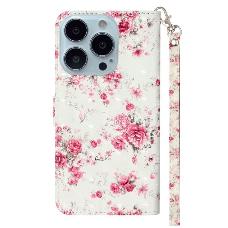 Housse iPhone 15 Pro Fleurs 3D à Lanière