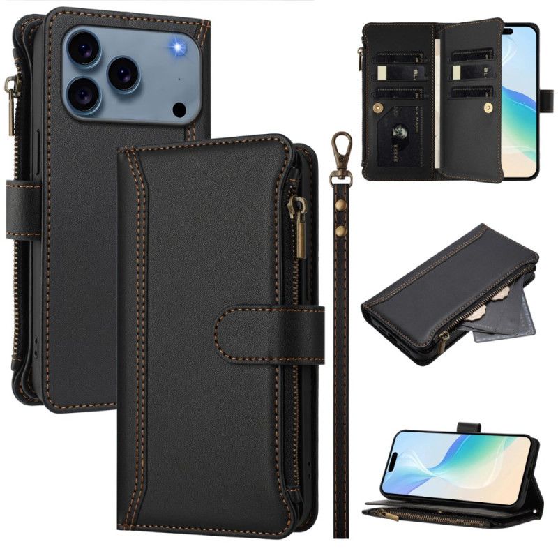 Housse iPhone 17 Pro Max Portefeuille 9 Porte-Cartes et Lanière