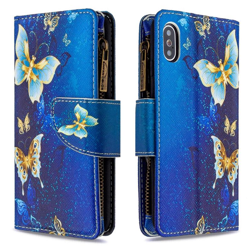 Housse iPhone X / Xs Poche Zippée Papillons