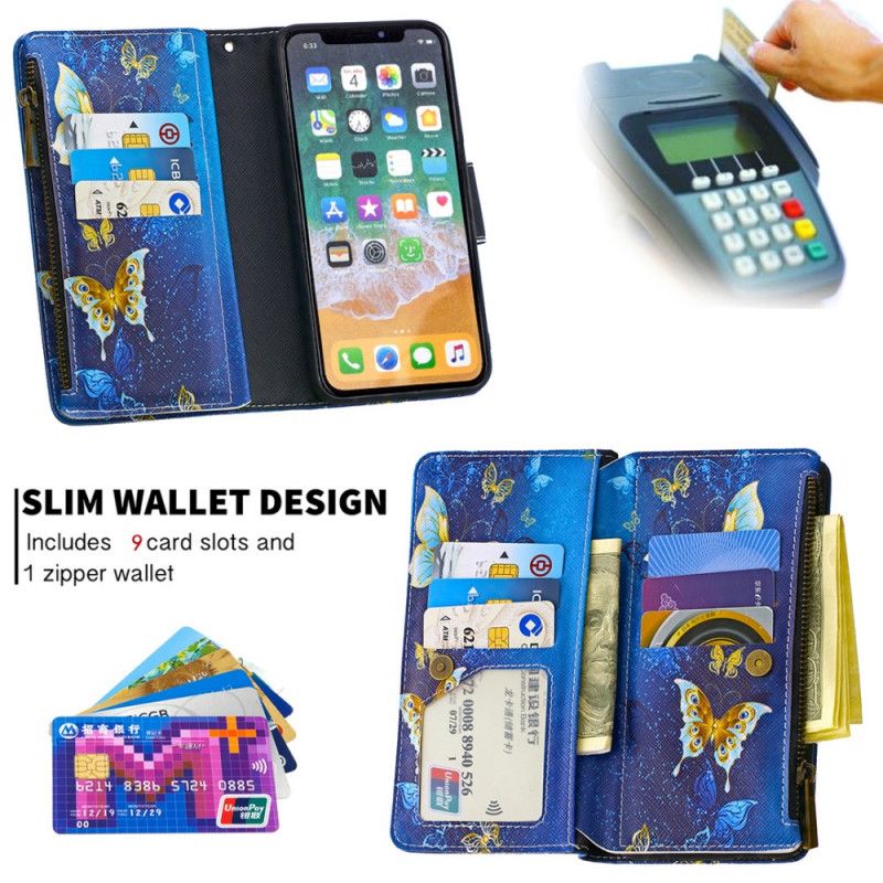 Housse iPhone X / Xs Poche Zippée Papillons