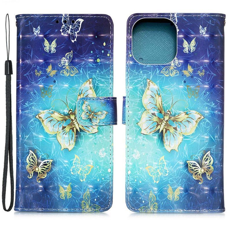 Housse Pour iPhone 13 Mini Papillons Dorés Lanière