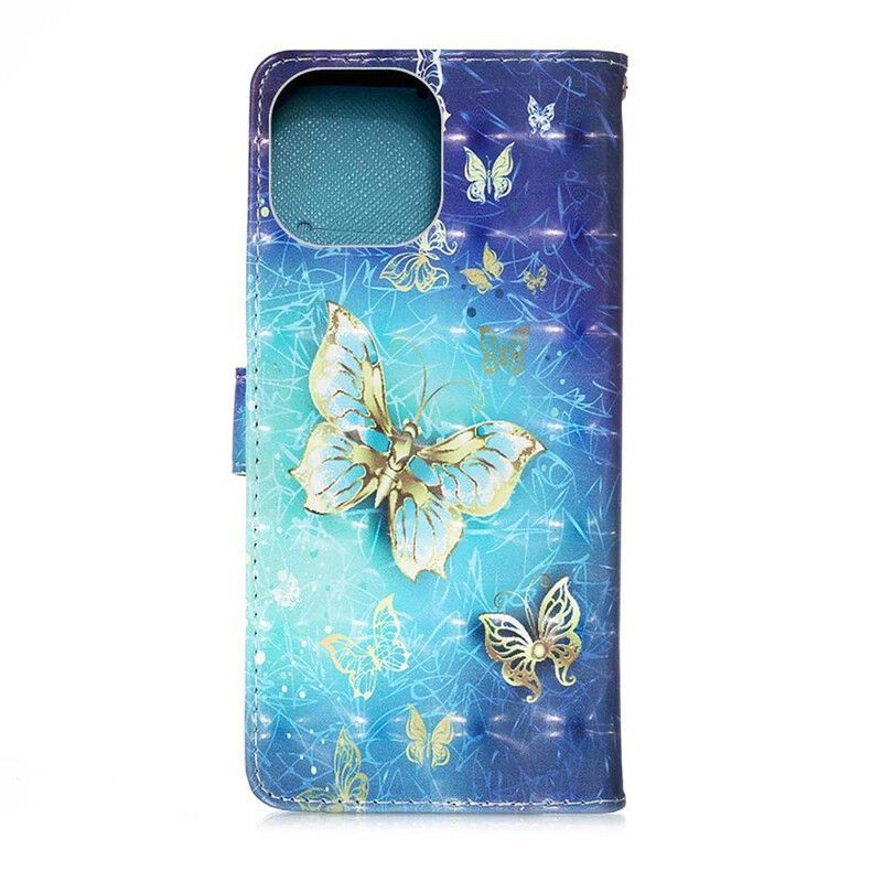 Housse Pour iPhone 13 Mini Papillons Dorés Lanière