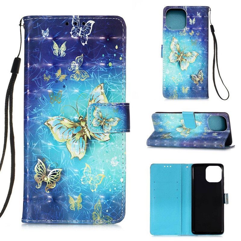 Housse Pour iPhone 13 Mini Papillons Dorés Lanière