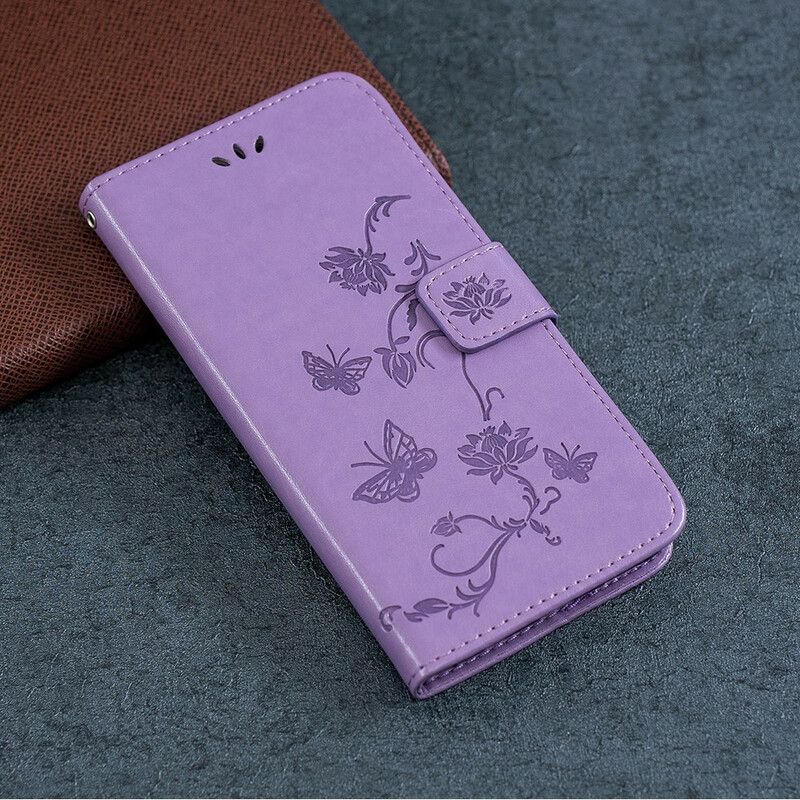 Housse Pour iPhone 13 Mini Papillons Et Fleurs À Lanière