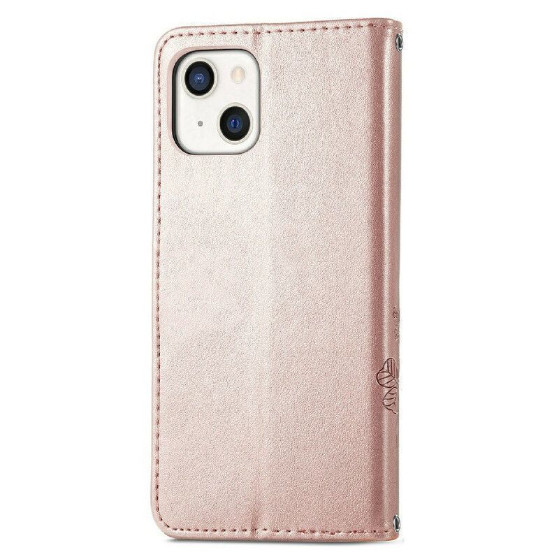 Housse Pour iPhone 13 Mini Papillons Et Fleurs À Lanière