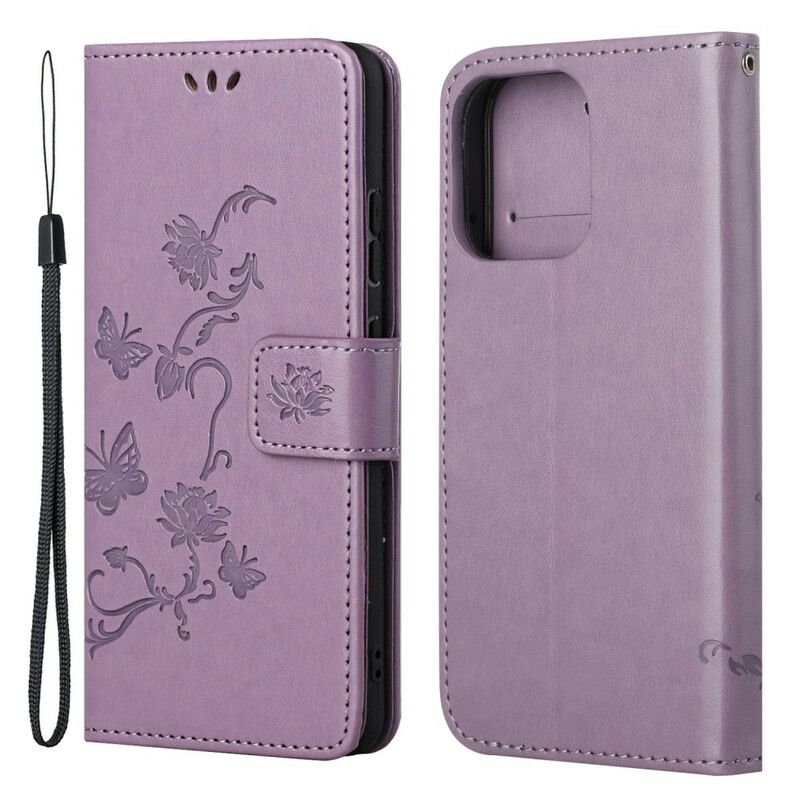 Housse Pour iPhone 13 Pro Papillons Et Fleurs À Lanière