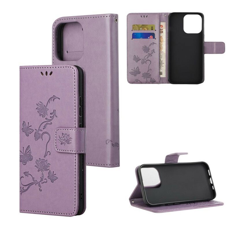 Housse Pour iPhone 13 Pro Papillons Et Fleurs À Lanière