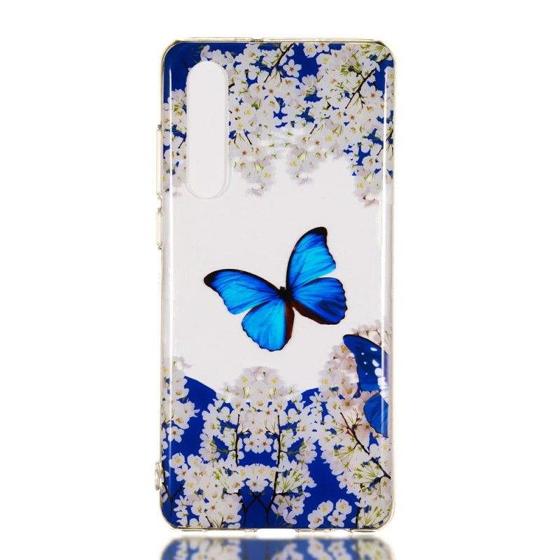 Coque Huawei P30 Papillon Bleu Et Fleurs D'hiver