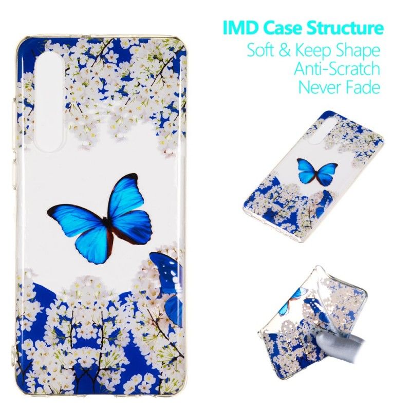 Coque Huawei P30 Papillon Bleu Et Fleurs D'hiver