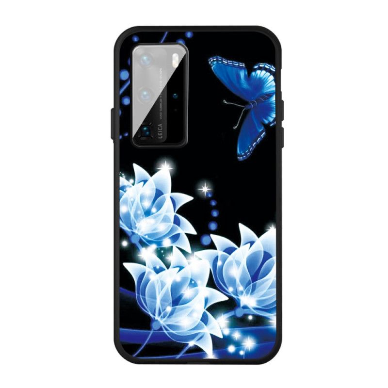 Coque Huawei P40 Papillon Et Fleurs Bleues