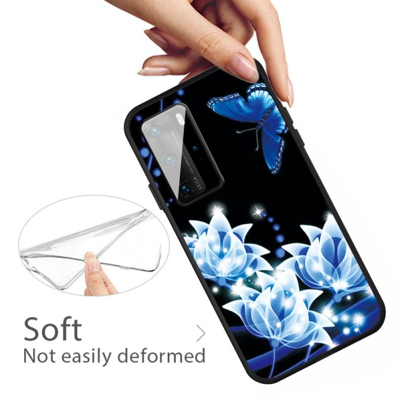 Coque Huawei P40 Papillon Et Fleurs Bleues