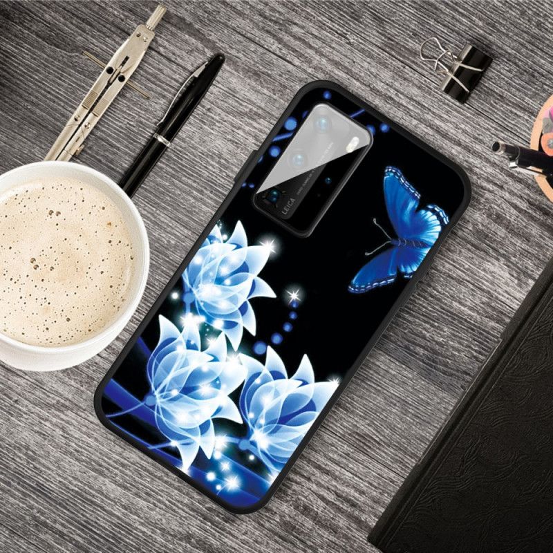 Coque Huawei P40 Papillon Et Fleurs Bleues