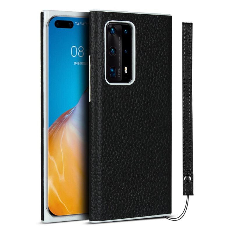 Coque Huawei P40 Pro Plus Véritable Cuir Litchi Avec Lanière