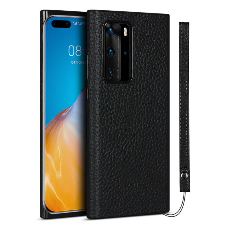 Coque Huawei P40 Pro Véritable Cuir Litchi Avec Lanière