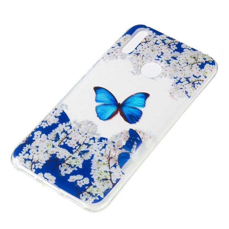 Coque Huawei Y7 2019 Papillon Bleu Et Fleurs D'hiver