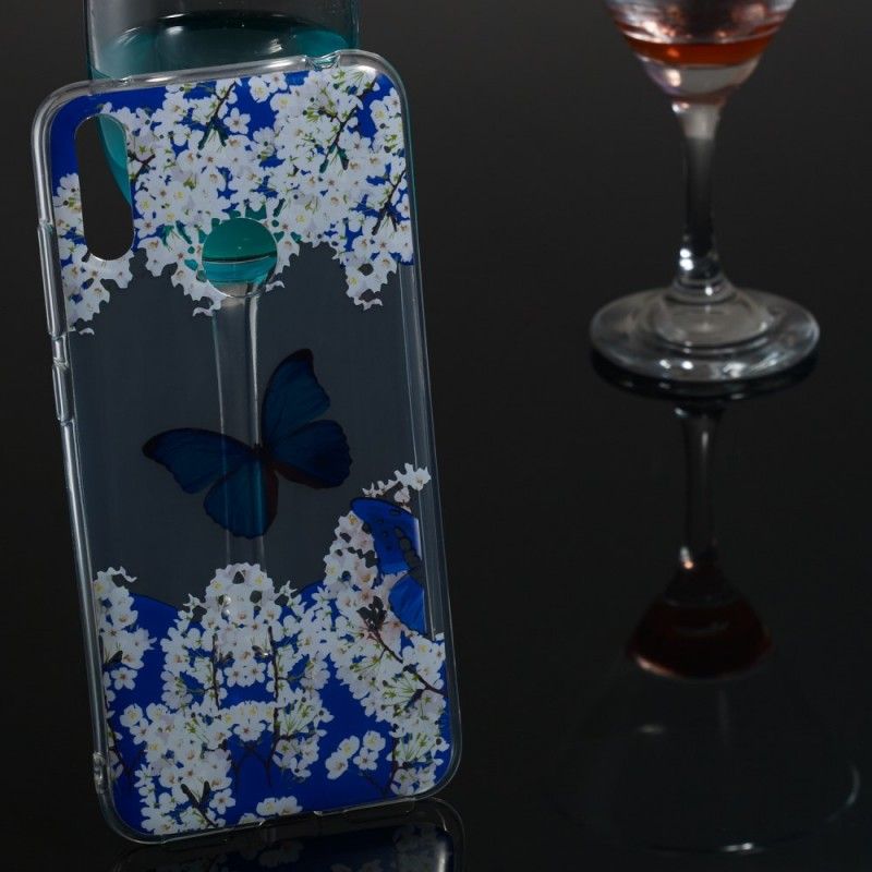 Coque Huawei Y7 2019 Papillon Bleu Et Fleurs D'hiver