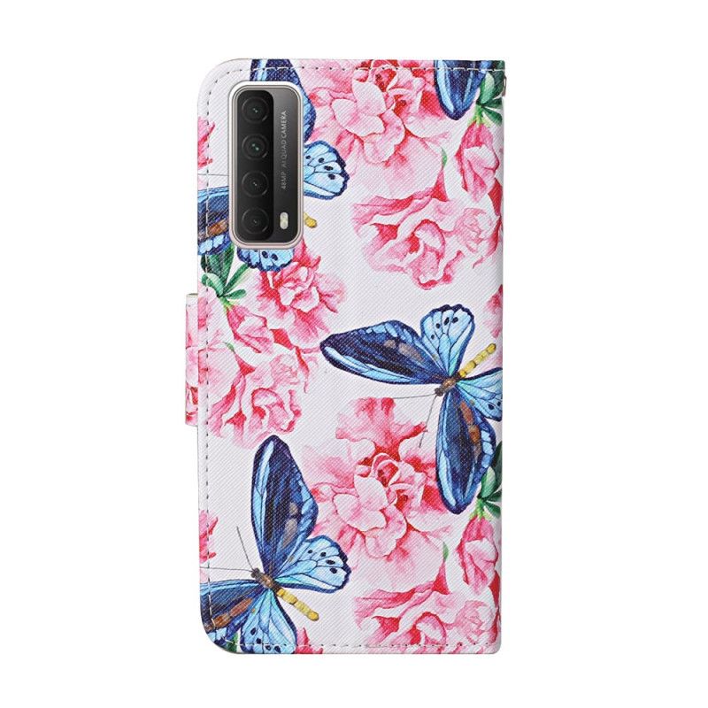 Housse Huawei P Smart 2021 Papillons Floraux Lanière