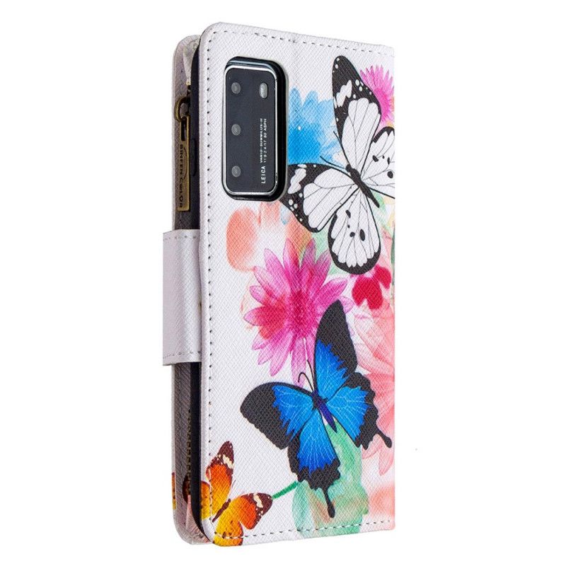 Housse Huawei P40 Poche Zippée Papillons