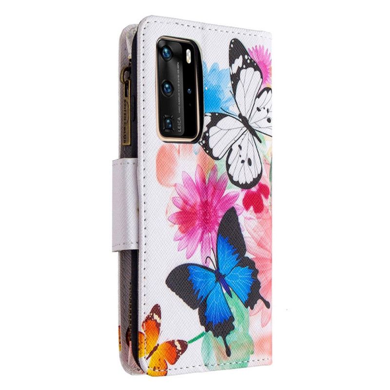 Housse Huawei P40 Pro Poche Zippée Papillons