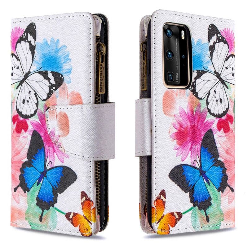 Housse Huawei P40 Pro Poche Zippée Papillons