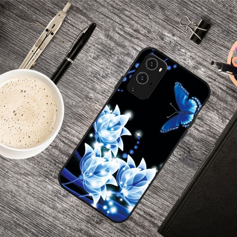 Coque Oneplus 9 Papillon Et Fleurs Bleus