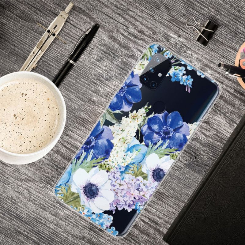 Coque Oneplus Nord N100 Transparente Fleurs Bleues Aquarelle