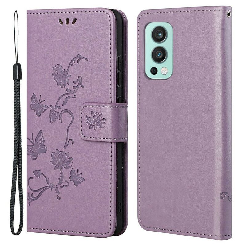 Housse OnePlus Nord 2 5G Papillons Et Fleurs À Lanière