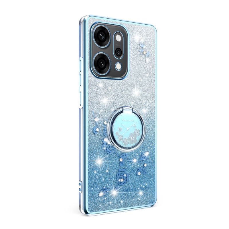 Coque Oppo Reno 14 5G Fleurs et Strass avec Anneau-Support