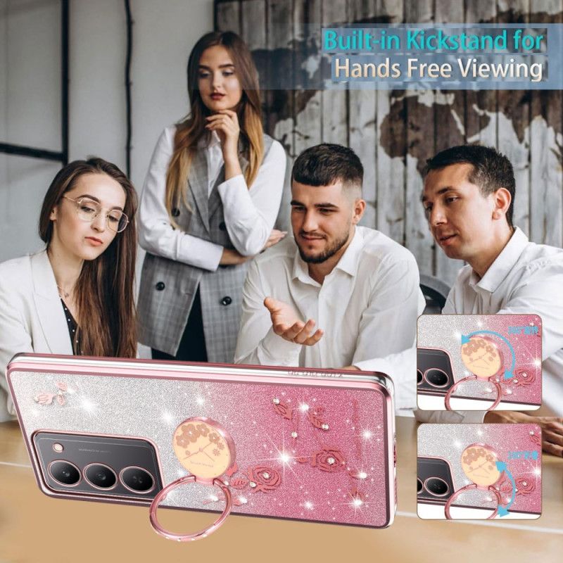 Coque Realme 14X 5G Anneau-Support Fleurs et Strass KADEM