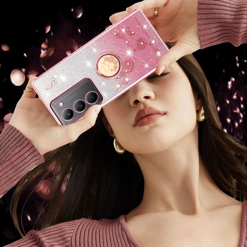 Coque Realme 14X 5G Anneau-Support Fleurs et Strass KADEM