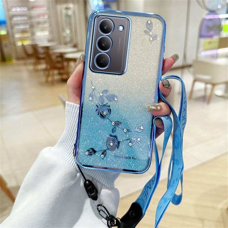 Coque Realme 14X 5G Fleurs et Strass à Lanière KADEM