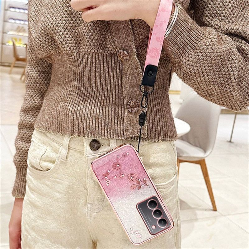 Coque Realme 14X 5G Fleurs et Strass à Lanière KADEM