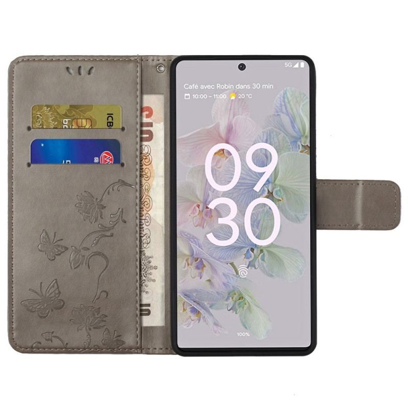 Housse Google Pixel 6A Fleurs et Papillons à Lanière