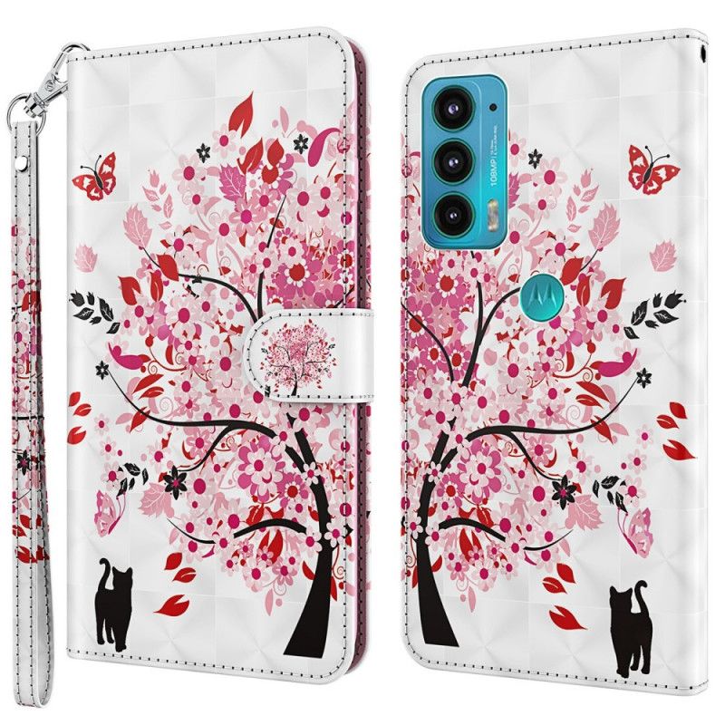 Housse Moto E20 / E30 / E40 Arbre Rose Et Chat Noir