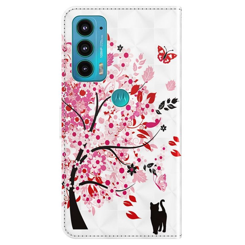 Housse Moto E20 / E30 / E40 Arbre Rose Et Chat Noir