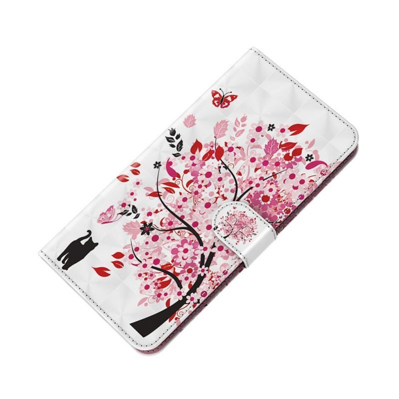 Housse Moto E40 / E30 / E20 Arbre Rose et Chat Noir