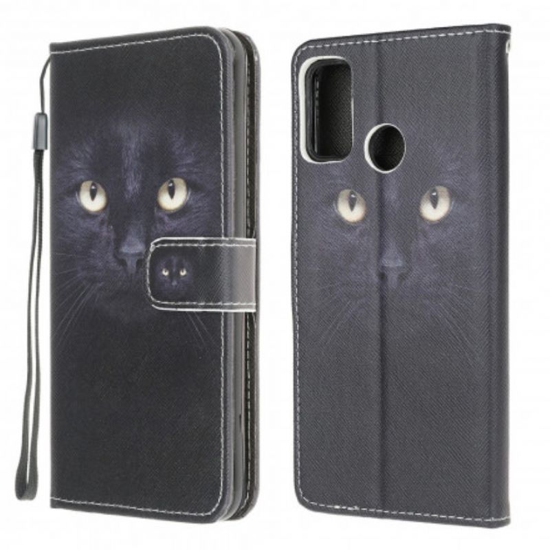 Housse Moto G30 / G10 Yeux De Chat Noir À Lanière