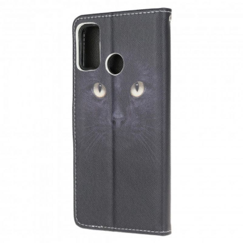 Housse Moto G30 / G10 Yeux De Chat Noir À Lanière